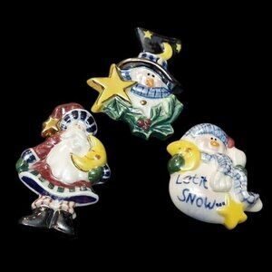 Set Of 3 TBS Glazed Ceramic Christmas Holiday Brooch Pins Santa & Snowman 2002